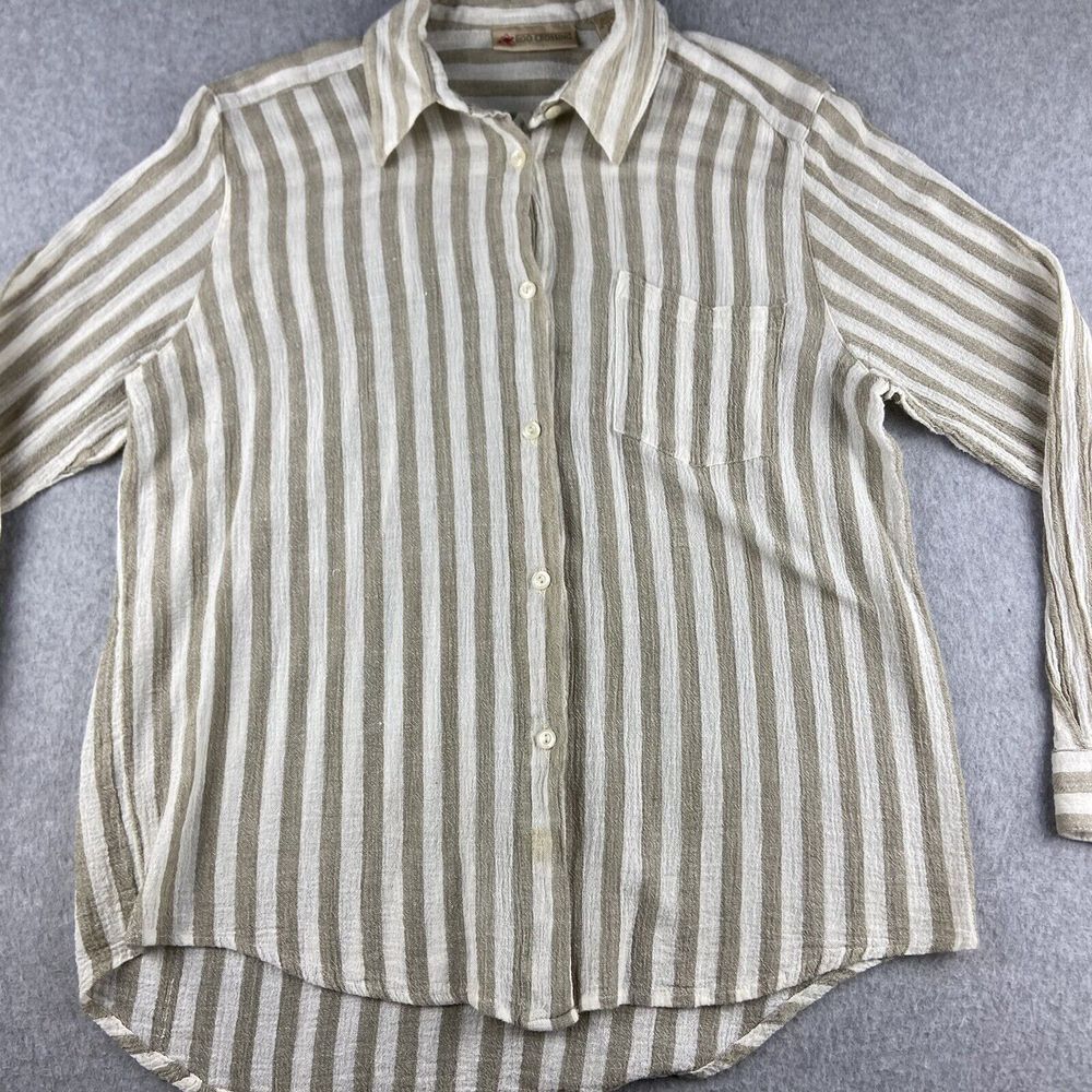 Roo Crossing Top Womens Medium Cream Tan Stripes Button Up Long Sleeve‎ Gauzy